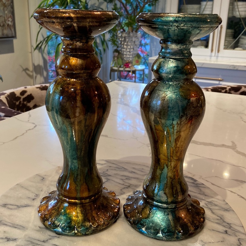 Beautiful Pair of Glazed Ceramic Heavy Turquoise and Bronze Candle Holders.